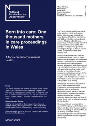 Born into care: One  thousand mothers in care proceedings in Wales: A focus on maternal mental health