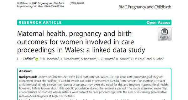 New article: Maternal health, pregnancy and birth outcomes for women involved in care proceedings in Wales: a linked data study